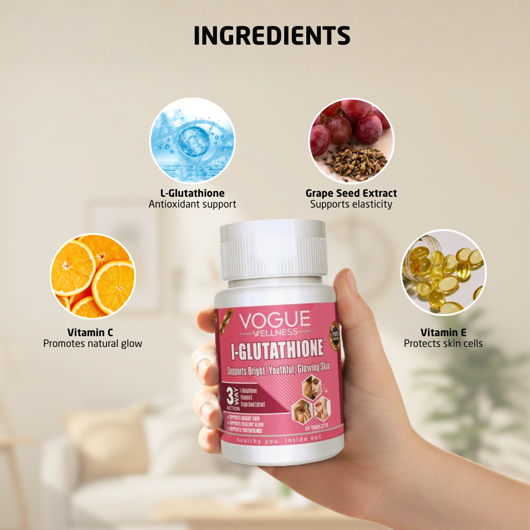 Vogue Wellness I-Glutathione supplement bottle on a white background