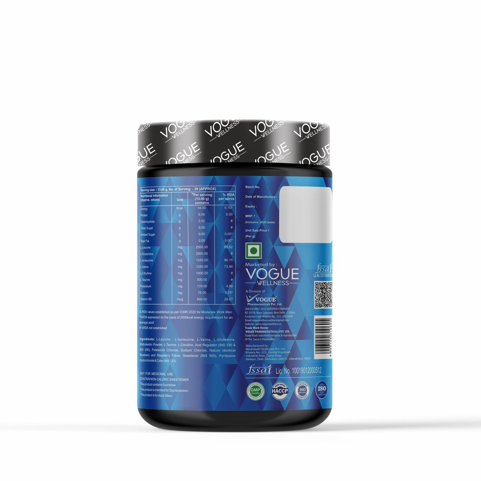 Vogue Wellness Advanced Nutrition Real BCAA Supplement for Energy, Muscle Recovery & Endurance(400G || Blue Raspberry)